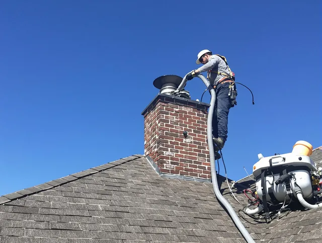 Dedicated Whitman Chimney Sweep team member cleaning a chimney in Whitman, MA