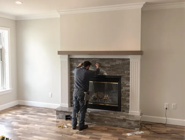 Whitman Chimney Sweep finishing a custom fireplace install in Whitman, MA